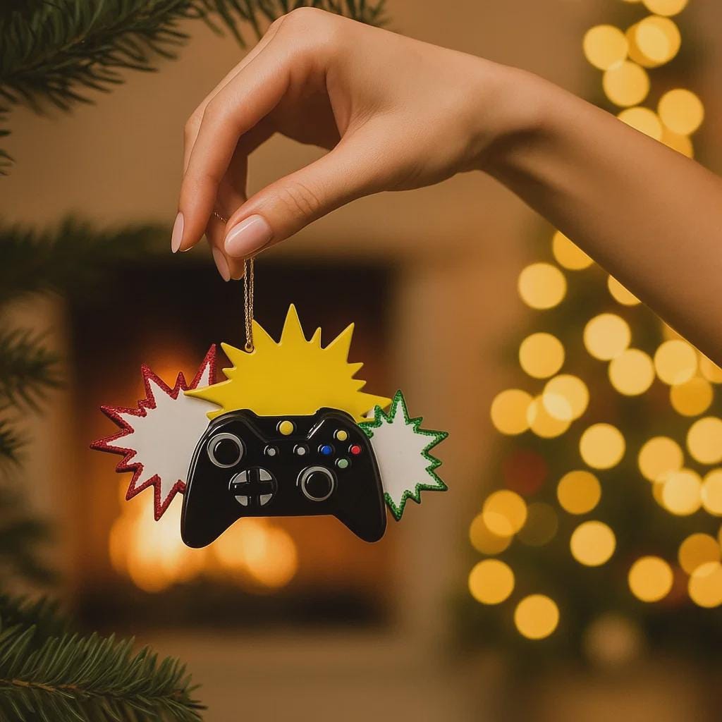 Personalized gamer controller Christmas ornament featuring a raised 3D front with detailed game controller design, including realistic buttons, joystick elements, and bold comic style accents. The ornament has a smooth flat 2D back for easy hanging and long lasting durability on the Christmas tree. The design allows personalization with a name and year clearly displayed on the front, making it a unique holiday keepsake. Bright colors and gaming themed details make this ornament perfect for kids, teens, and 