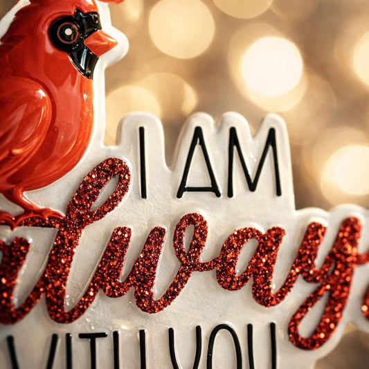 Personalized memorial cardinal ornament featuring a vibrant red cardinal bird perched above the heartfelt phrase I am always with you. Designed with a smooth glossy finish and raised 3D details, this ornament symbolizes remembrance, love, and spiritual connection. Includes free handwritten personalization with one name and year added by OrnamentLab. Styled in a warm holiday setting with soft lights and festive decor, this keepsake ornament is perfect for honoring loved ones who are forever remembered during
