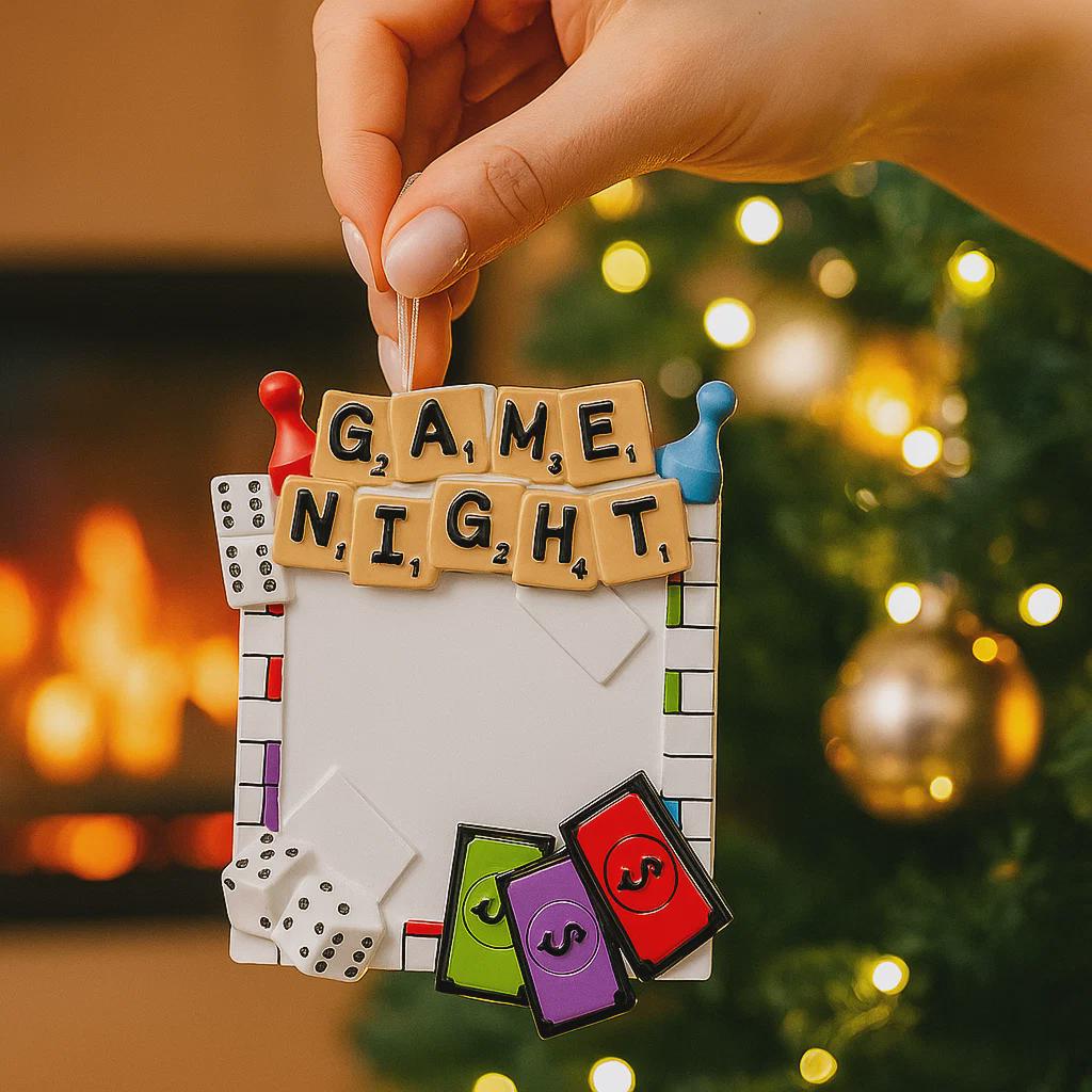 Personalized game night ornament featuring a playful board game inspired design with dice tiles and colorful game pieces. Includes free handwritten personalization with name or names and year displayed on the front. Designed with a raised 3D front and flat back for easy hanging. Perfect for board game lovers family game nights and Christmas tree decor. A fun keepsake gift for friends couples and families who love game nights.