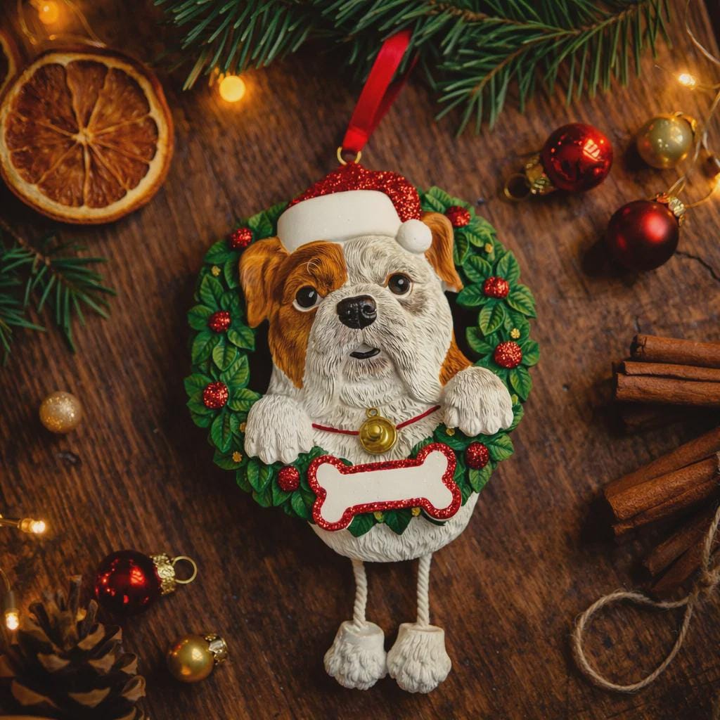 Dog Christmas ornament in a wreath with festive decorations on a wooden surface