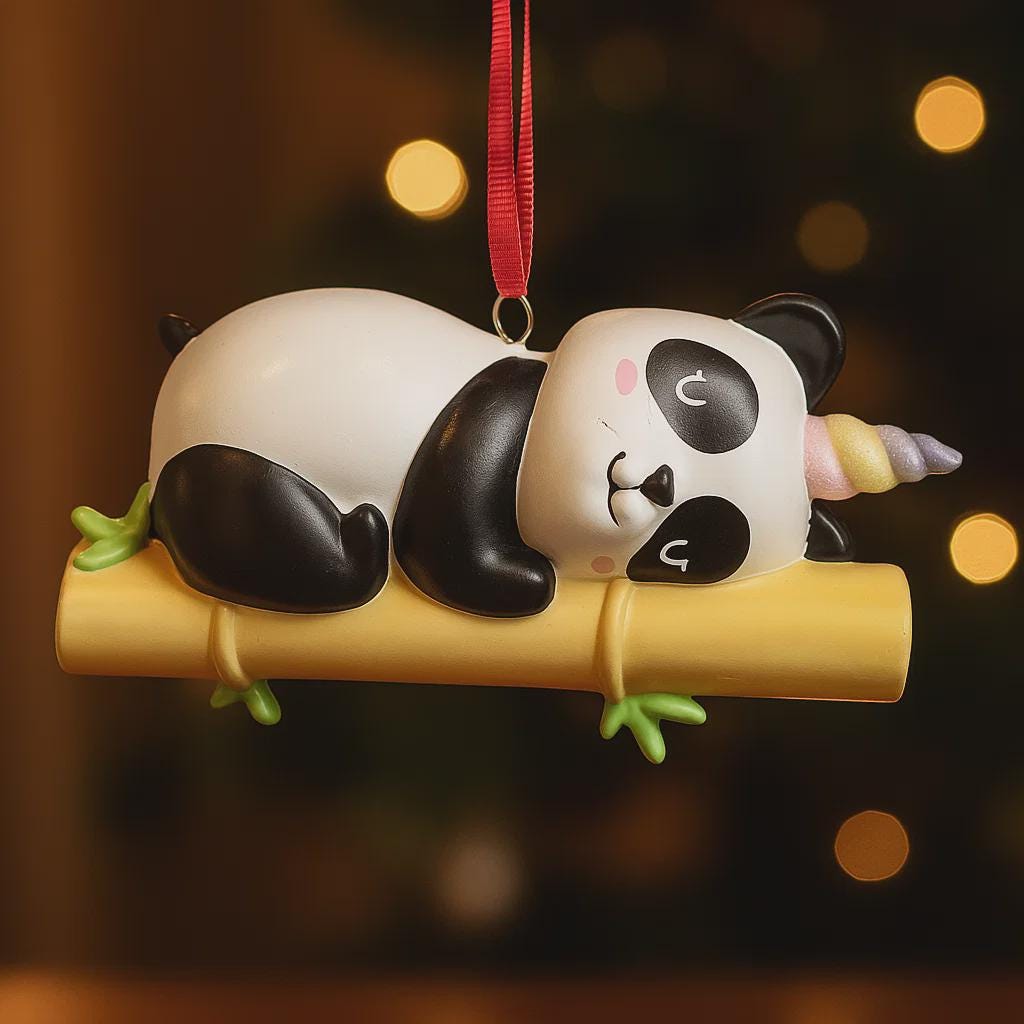 Fully 3D personalized unicorn panda Christmas ornament featuring a sleeping panda resting on a bamboo branch with a pastel unicorn horn. This ornament has a fully sculpted three dimensional front and back with no flat surfaces, creating a playful and premium look. Custom name and year are added by hand. Perfect for kids, panda lovers, unicorn fans, and whimsical holiday decor. A unique 3D keepsake for Christmas trees and seasonal displays.
