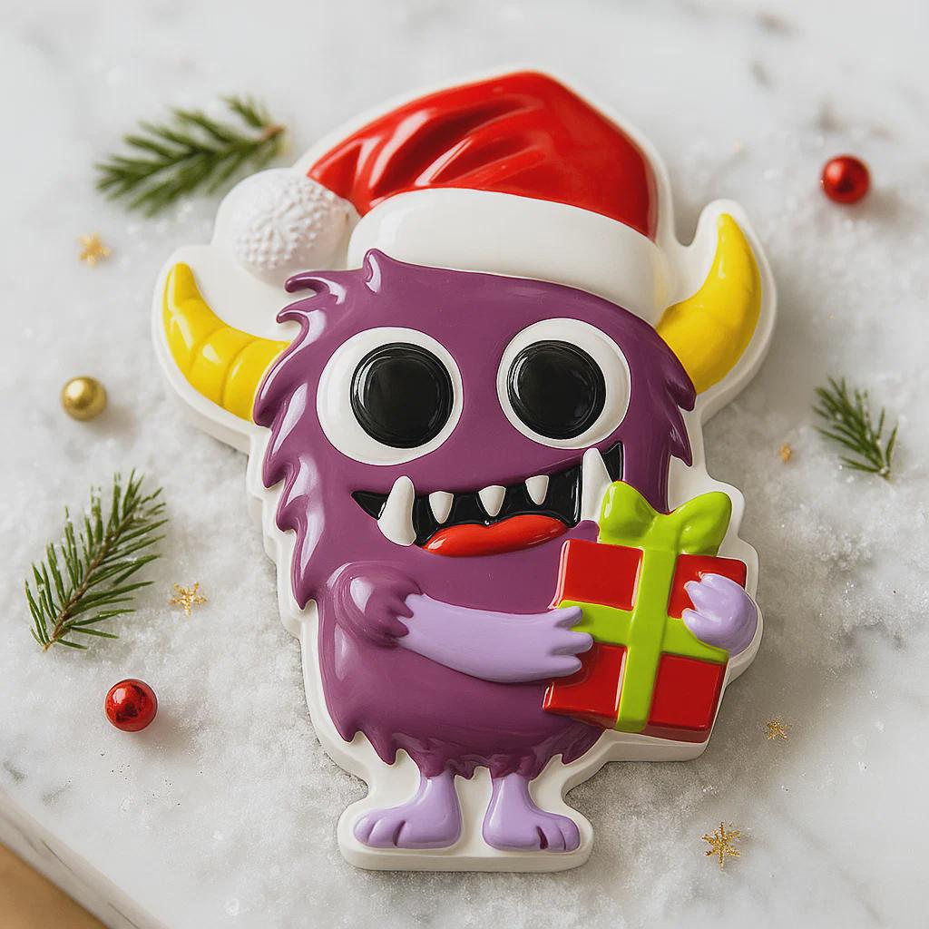 Purple monster with a Santa hat and gift on a snowy background