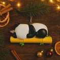 Load image into Gallery viewer, Fully 3D personalized unicorn panda Christmas ornament featuring a sleeping panda resting on a bamboo branch with a pastel unicorn horn. This ornament has a fully sculpted three dimensional front and back with no flat surfaces, creating a playful and premium look. Custom name and year are added by hand. Perfect for kids, panda lovers, unicorn fans, and whimsical holiday decor. A unique 3D keepsake for Christmas trees and seasonal displays.

