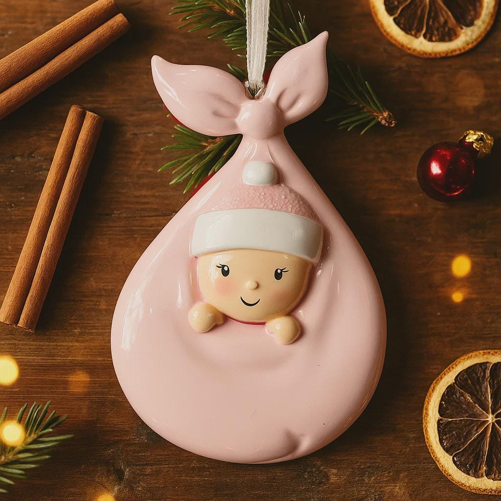 Pink baby-shaped ornament on a wooden surface with cinnamon sticks and dried oranges.
