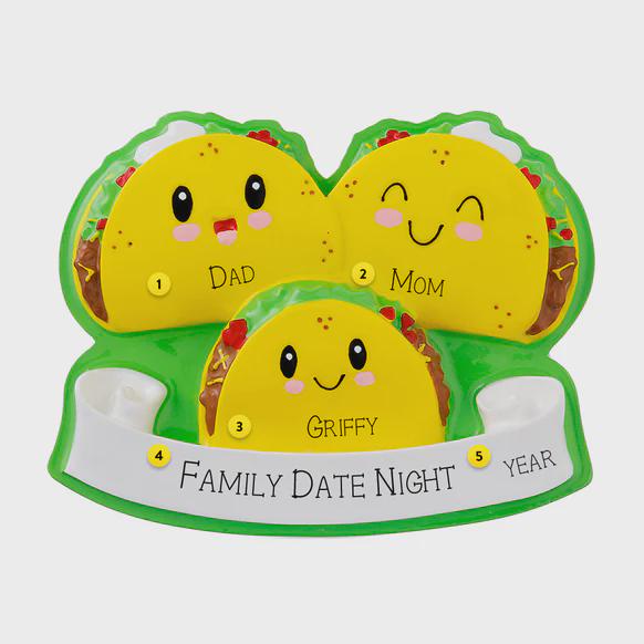 Taco-shaped family portrait with cartoon faces on a white background