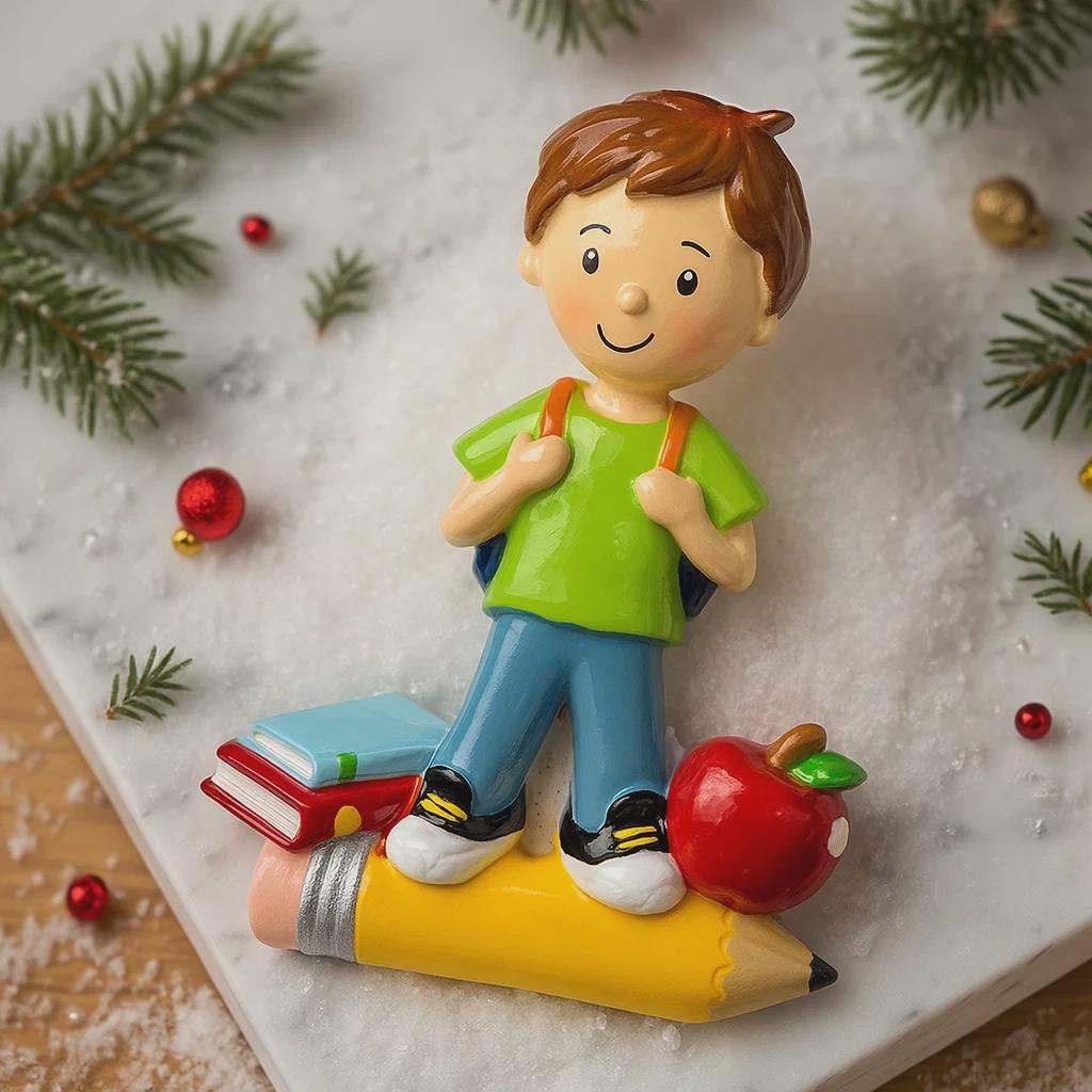 Decorative figurine of a boy with a backpack, books, and an apple on a pencil, surrounded by Christmas decorations.