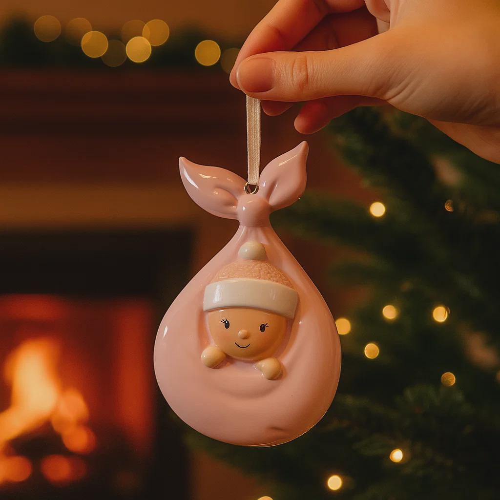 Decorative ornament of a baby in a pink bag held by a hand with a festive background.
