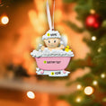 Load image into Gallery viewer, Personalized Christmas ornament of a baby in a bathtub with customizable text, against a festive background.
