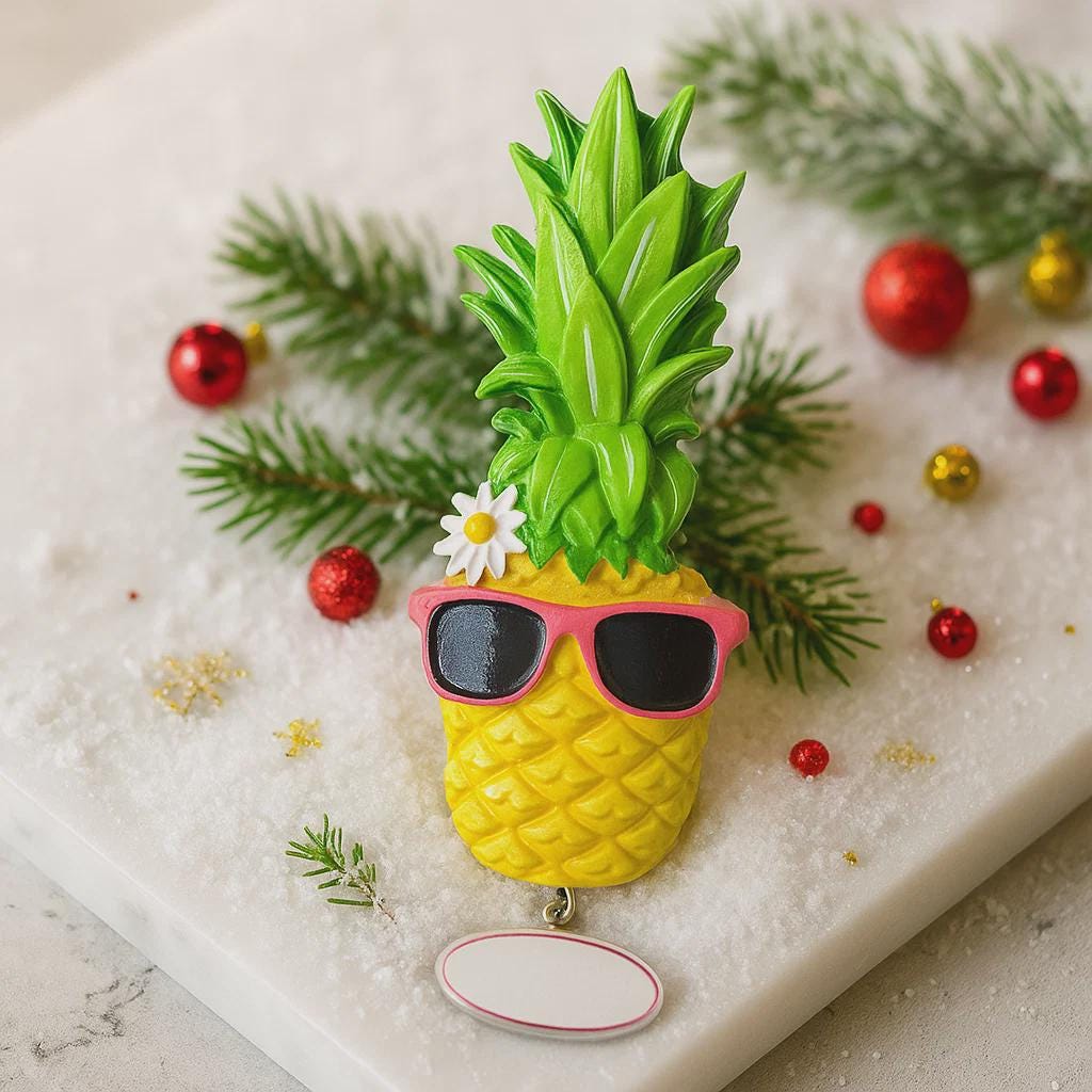Pineapple-shaped decoration with sunglasses and a flower on a snowy background with Christmas ornaments.