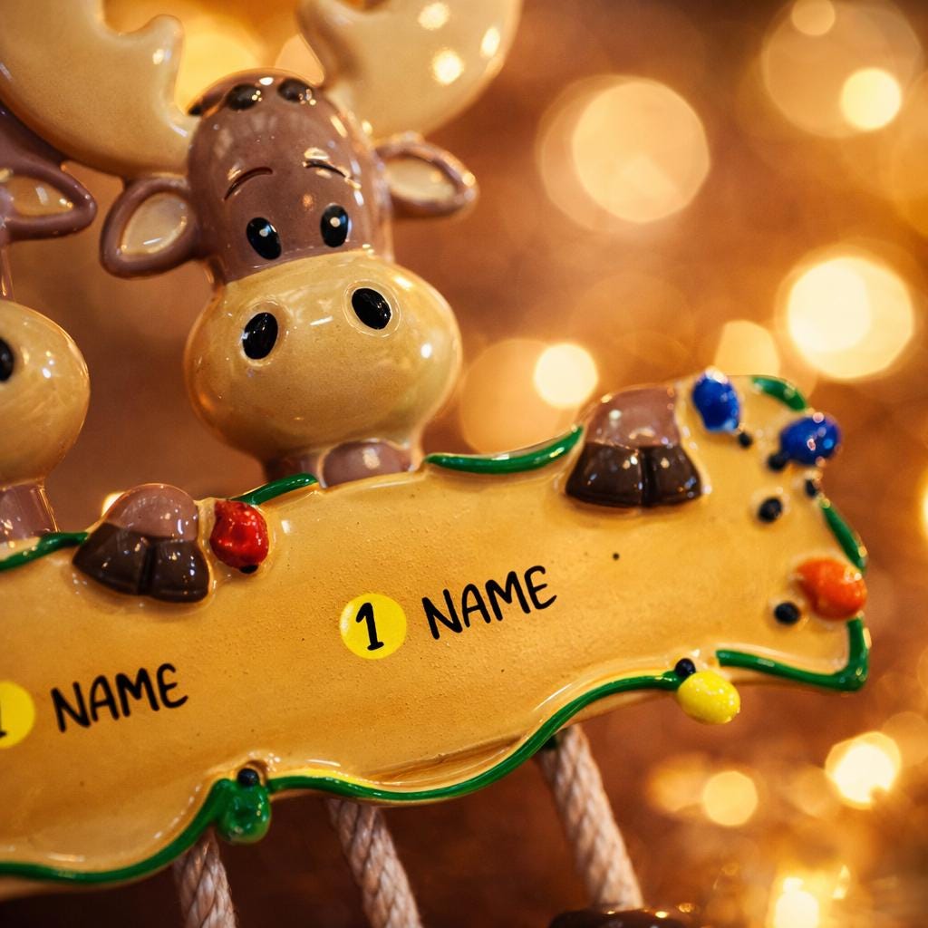 Decorative moose ornament with 'NAME' labels against a blurred light background