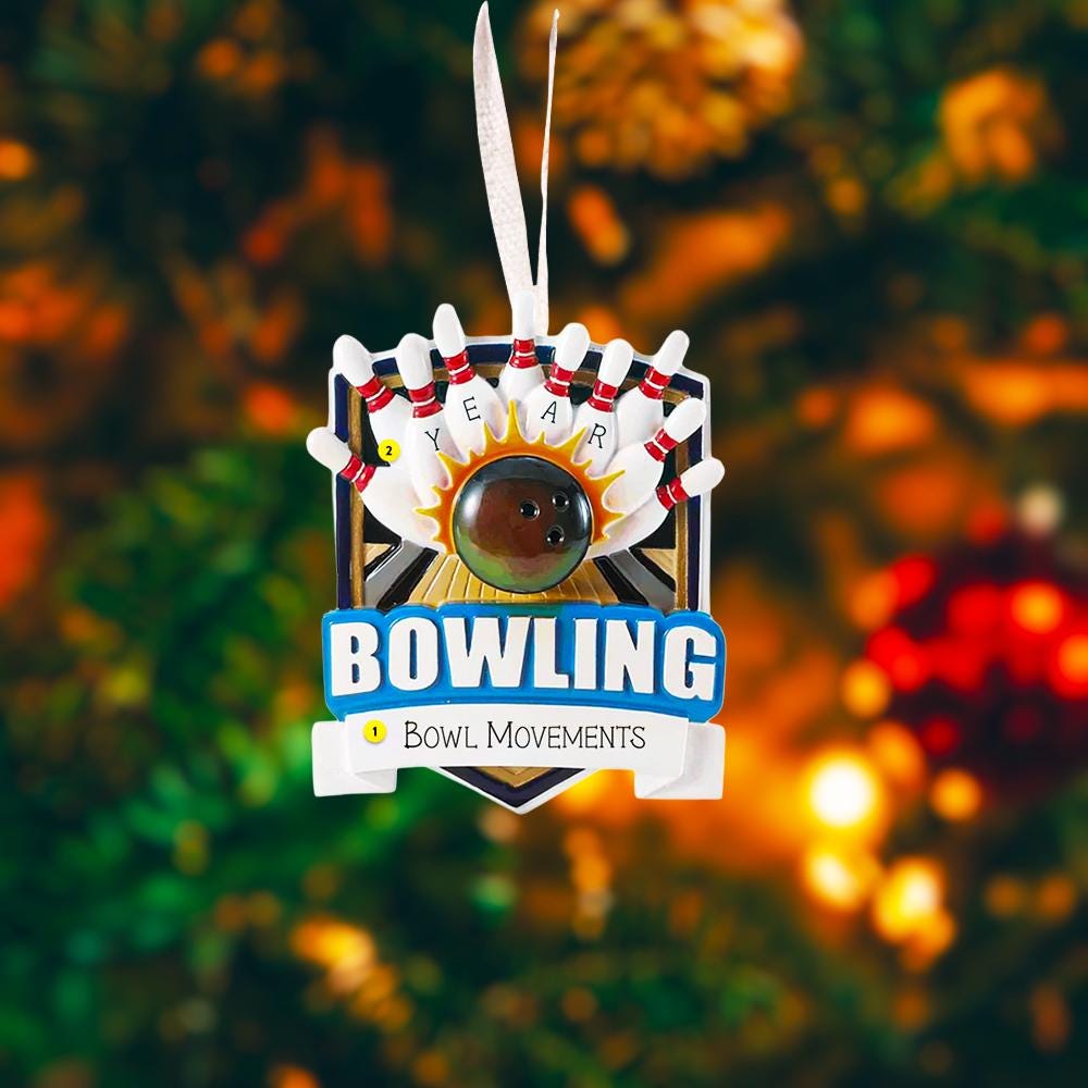 Bowling themed Christmas ornament featuring a raised 3D bowling ball striking detailed bowling pins on a shield style base. Personalized name and year placement is clearly visible on the front. Festive holiday styling with sports inspired details makes this ornament a perfect keepsake for bowling fans league players and Christmas tree decor.