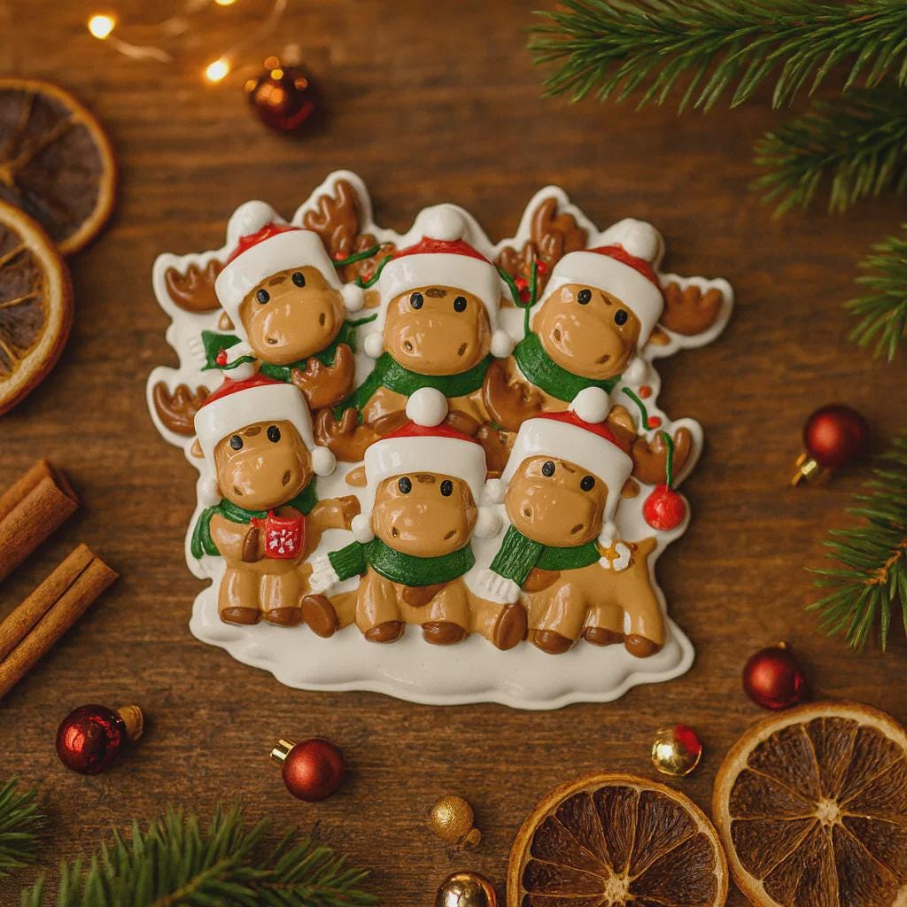 Family of 6 Reindeer Ornament | Personalized Names and Year | Festive Tree Decor Keepsake