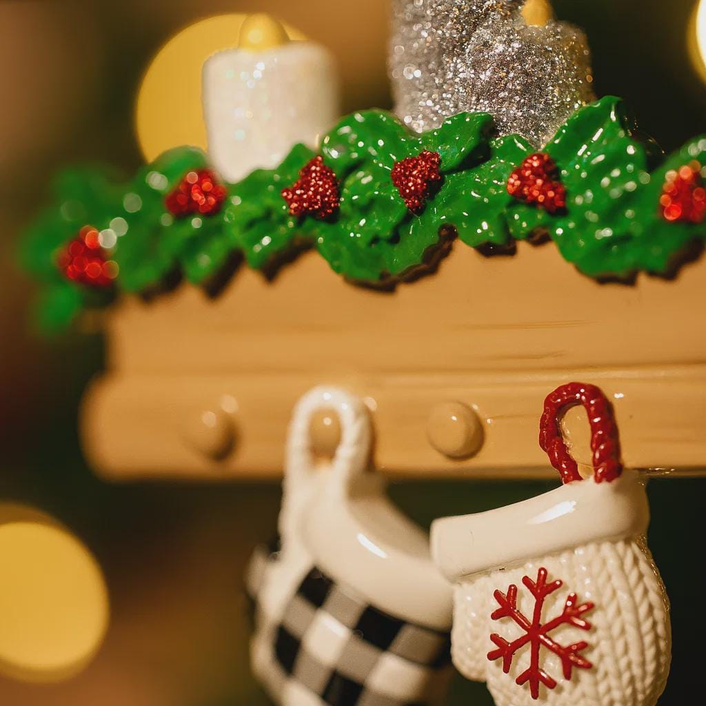 Decorative Christmas ornament with holly leaves, berries, and a checkered bag with a red snowflake.