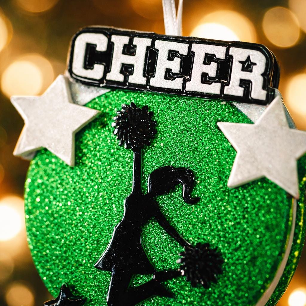 Personalized cheerleading Christmas ornament featuring a bright green glitter background with a cheer silhouette holding pom poms, bold CHEER title at the top, customizable name area on the lower banner, customizable year displayed on a star detail, and additional personalization space for school name or initials, glossy finish with raised 3D front elements and flat 2D back, white hanging ribbon, photographed on a snowy sports field themed holiday background with festive ornaments and winter greenery.