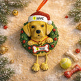Load image into Gallery viewer, Dog Christmas ornament with customizable name and year, surrounded by festive decorations.
