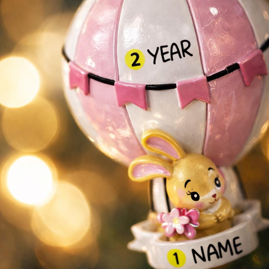 A personalized baby girl ornament featuring a cute bunny riding a pastel pink hot air balloon. Soft pink and white tones with delicate bow details create a sweet and cozy look. Handwritten personalization includes baby name and year. Mostly 2D ornament with raised 3D details on the front only, lightweight and easy to hang, perfect for baby first Christmas, nursery decor, and toddler keepsakes.