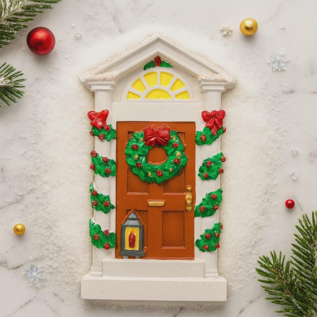 Decorative door with Christmas wreath and ornaments on a marble surface