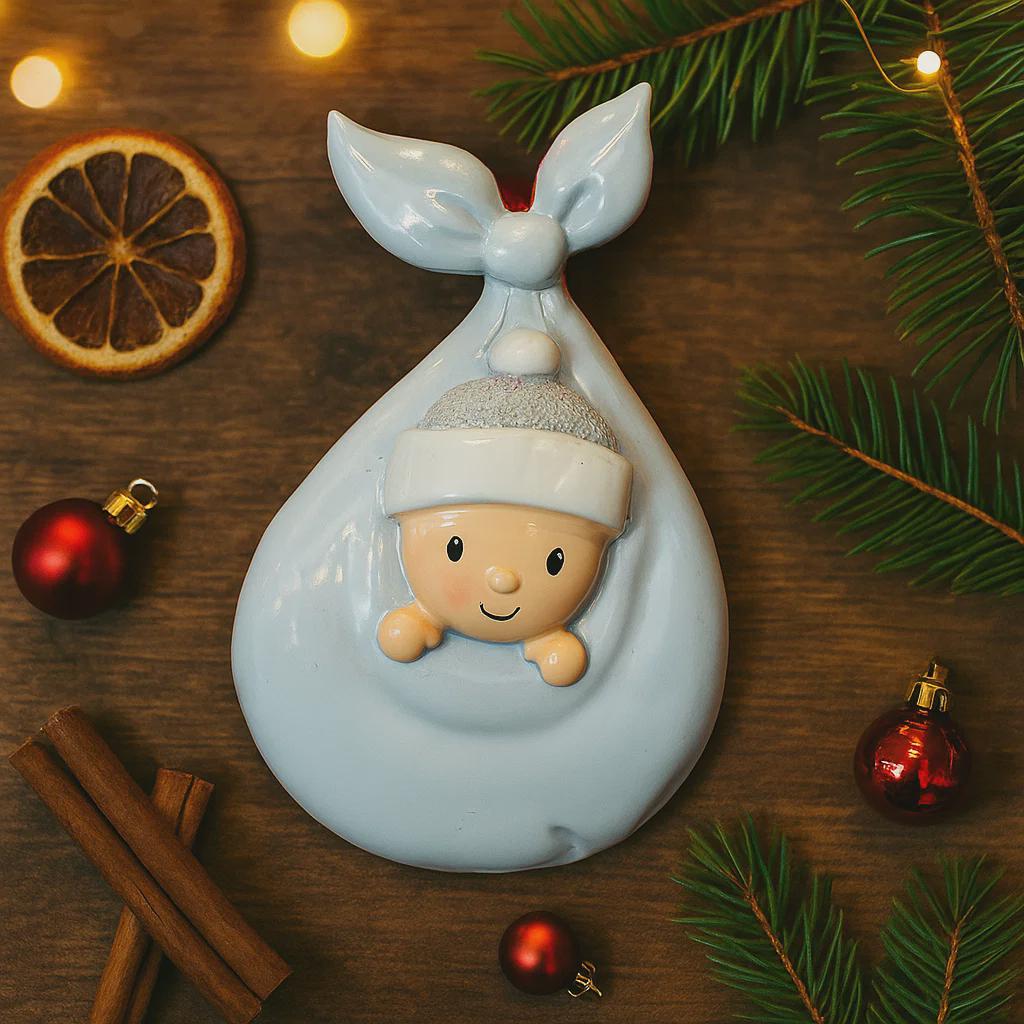 Decorative baby figurine in a white hood with Christmas decorations on a wooden surface.
