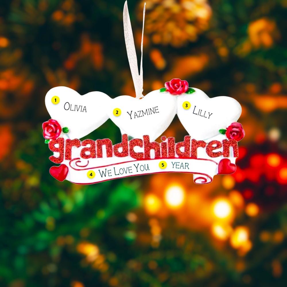 Decorative ornament with hearts and names against a festive background
