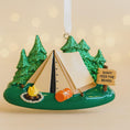 Load image into Gallery viewer, Decorative ornament with a tent, trees, and a 'Don't Feed the Bears!' sign on a light background.
