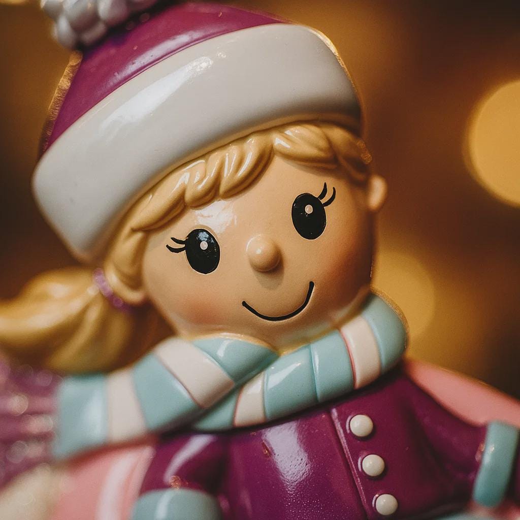Toy figure of a girl with a purple hat and coat against a warm, blurred background