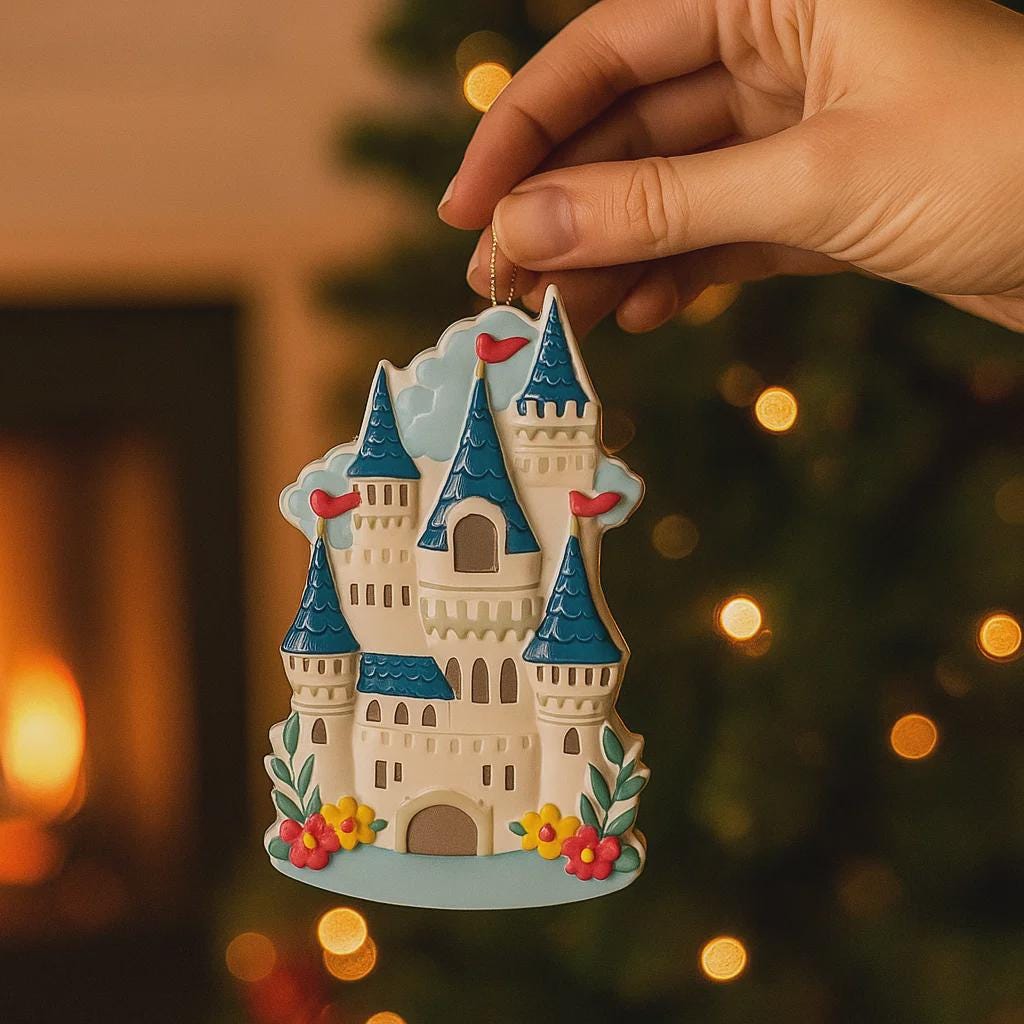 Personalized Princess Castle Christmas Ornament featuring a charming white fairytale castle with blue rooftops and red flags, surrounded by colorful floral details. Customizable with name at the base and year on the castle front, this magical princess castle ornament is perfect for celebrating a special little girl. 