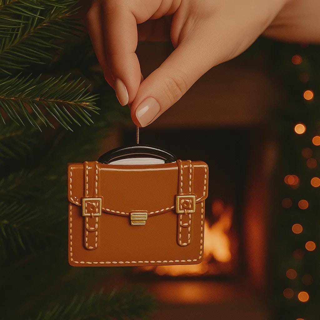 brown briefcase ornament on a green surface with Christmas decorations