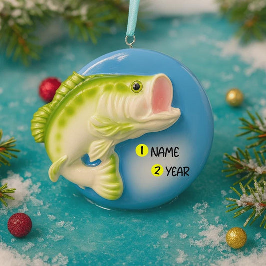 Decorative Bass fish ornament with customizable name and year on a blue background with Christmas elements.
