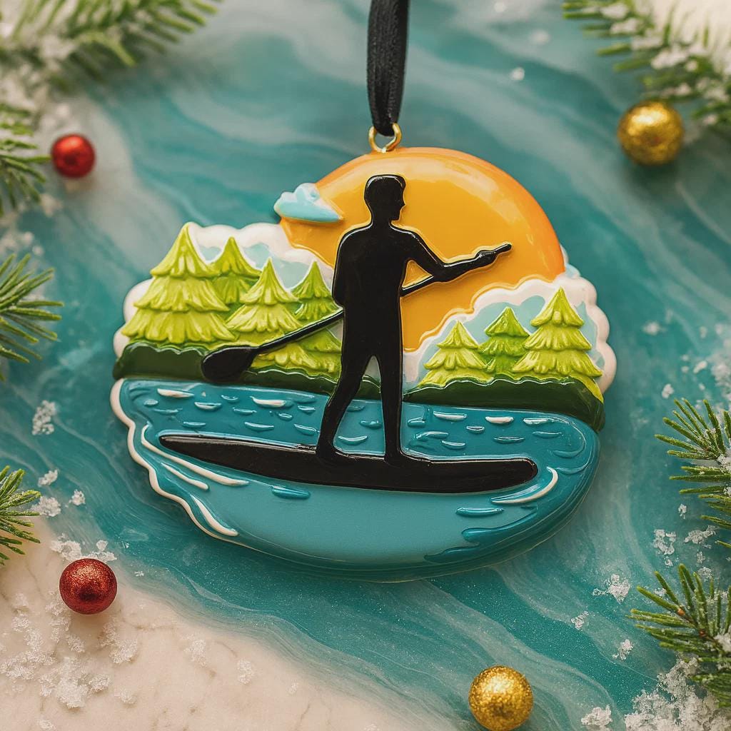Decorative ornament with a silhouette of a person paddleboarding on water, surrounded by Christmas decorations.