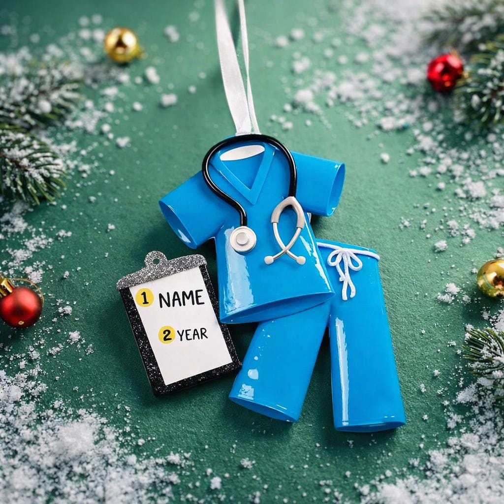 Personalized nurse ornament featuring blue medical scrubs with stethoscope and clipboard design. Custom name and year displayed on the ornament. Smooth resin finish with mostly 2D structure and raised 3D front details. Ideal Christmas ornament for nurses healthcare workers and medical professionals celebrating the holiday season.