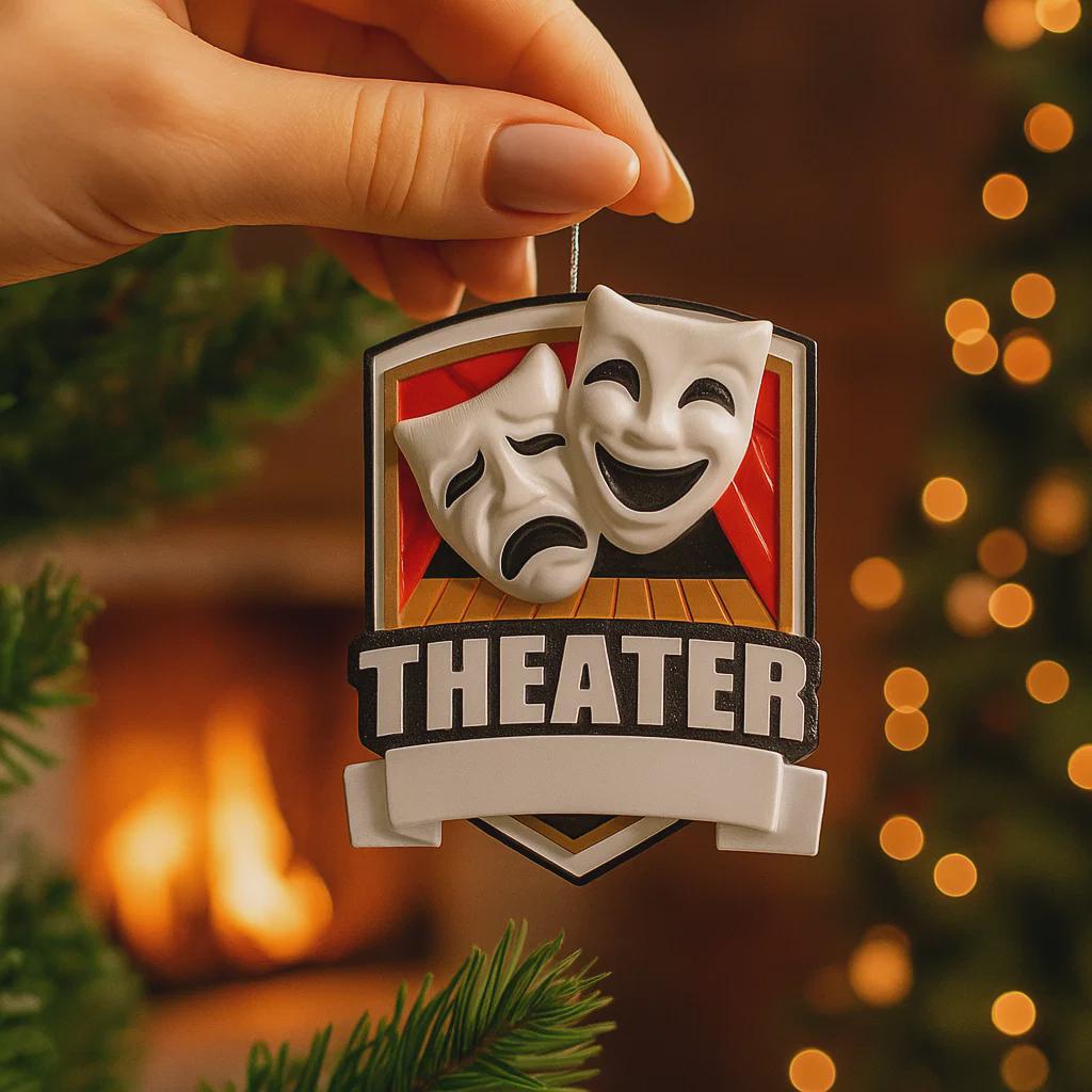 Personalized theater ornament featuring classic comedy and tragedy drama masks on a stage design. Custom name and year handwritten on the front banner. High detail 3D resin ornament with black hanging ribbon. Ideal Christmas tree decoration for theater lovers actors actresses drama students and stage performers. A meaningful keepsake celebrating passion for theater and performing arts.
