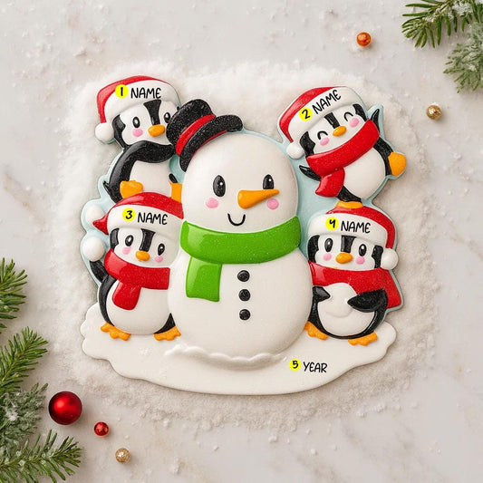 Decorative Christmas ornament with a snowman and penguins on a snowy background
