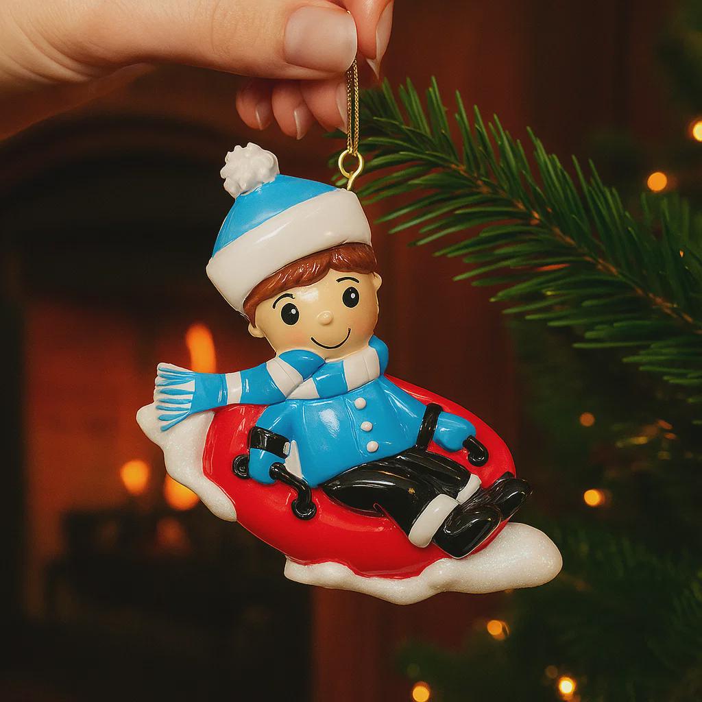 Personalized Boy Sled Christmas Ornament | Holiday Keepsake Gift | Snow Tube Boy Toddler Present