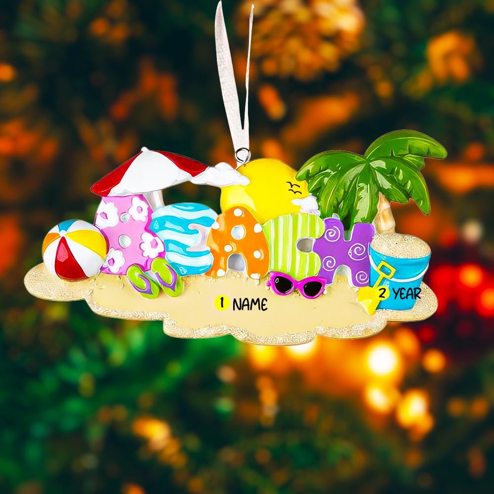 Personalized beach vacation ornament featuring colorful summer themed letters spelling BEACH with playful details including sunglasses palm tree sun umbrella beach ball and sand bucket. Designed with a smooth glossy finish and a raised 3D front with a flat back for easy hanging. Includes free handwritten personalization with one name and year on the sandy base. Styled on a bright beach inspired background with warm light reflections creating a fun tropical holiday vibe. Perfect for Christmas tree decor summ