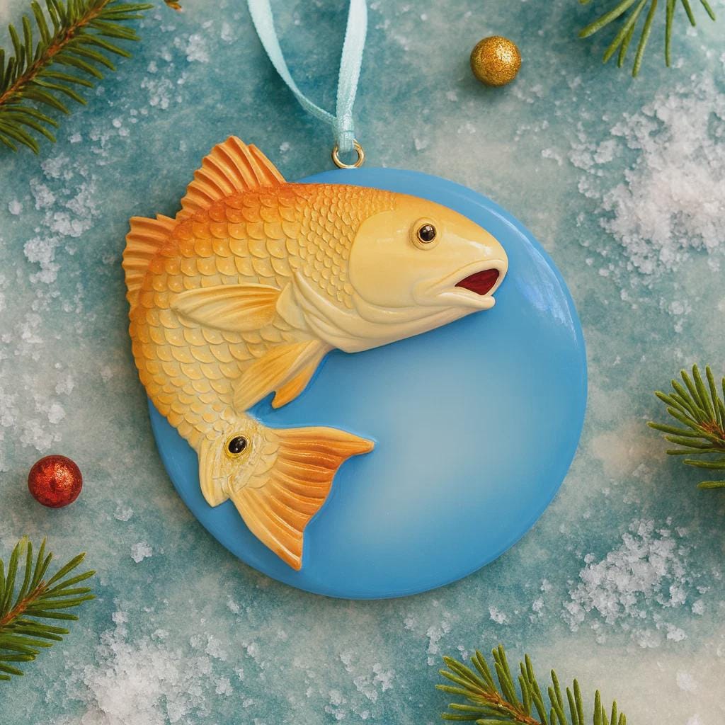 Decorative fish ornament on a blue background with Christmas elements.
