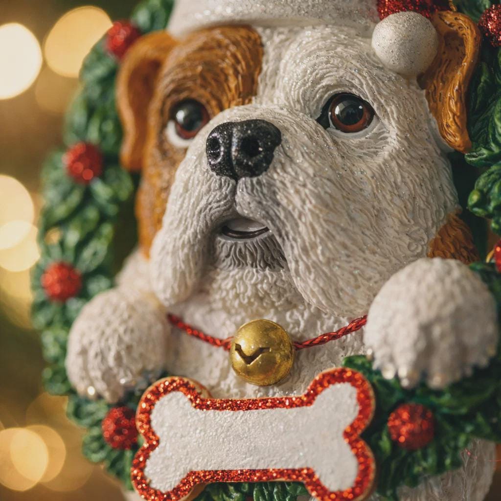 Decorative figurine of a dog with a Christmas wreath background