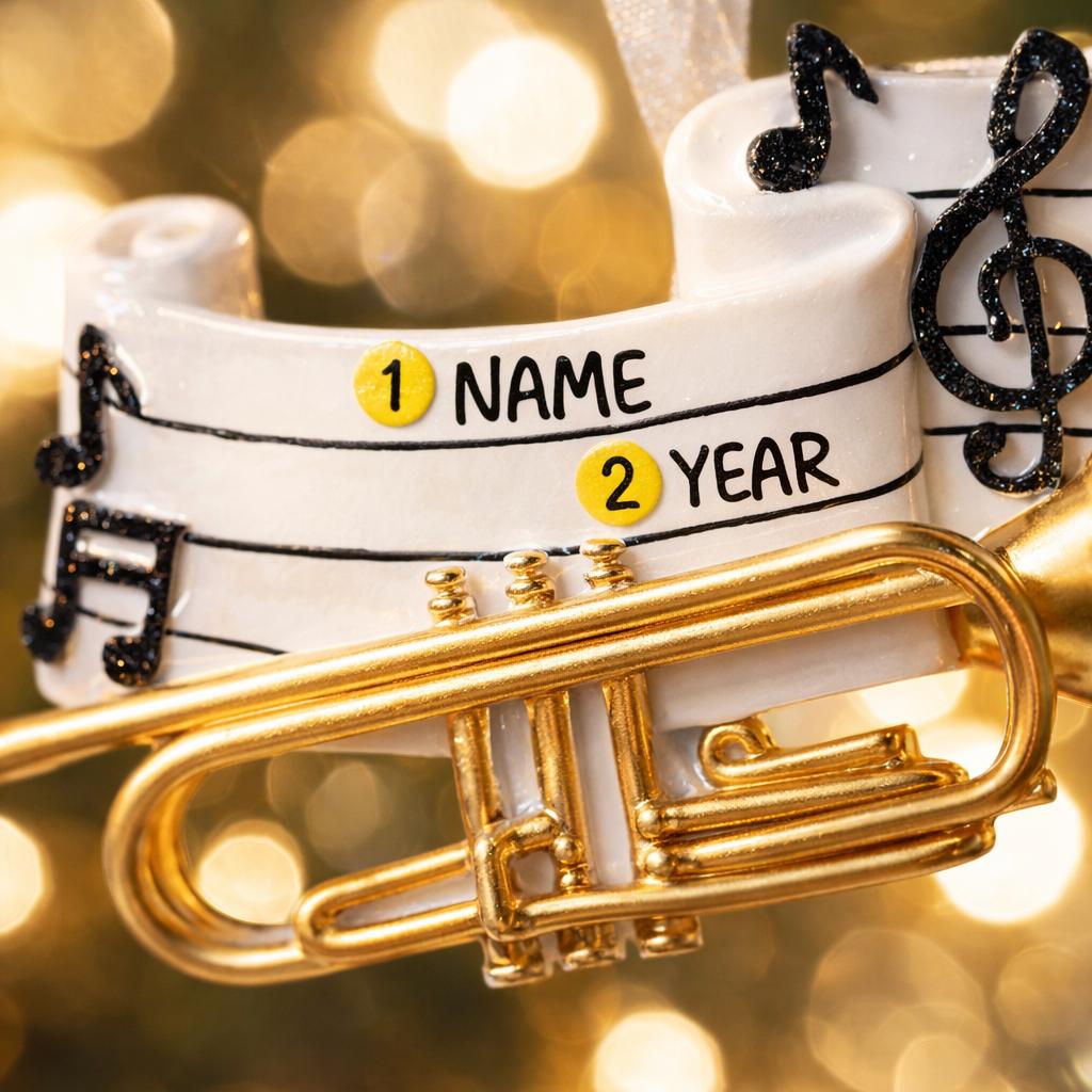 Personalized music ornament featuring a white musical staff design with black notes and a gold trumpet detail. Includes free handwritten personalization with one name and year written on the sheet music. Shown hanging with a ribbon in a warm festive holiday setting with soft lights instruments and seasonal decor. Designed with a 3D raised front and flat back perfect for Christmas tree display and gifts for musicians music lovers and band members.