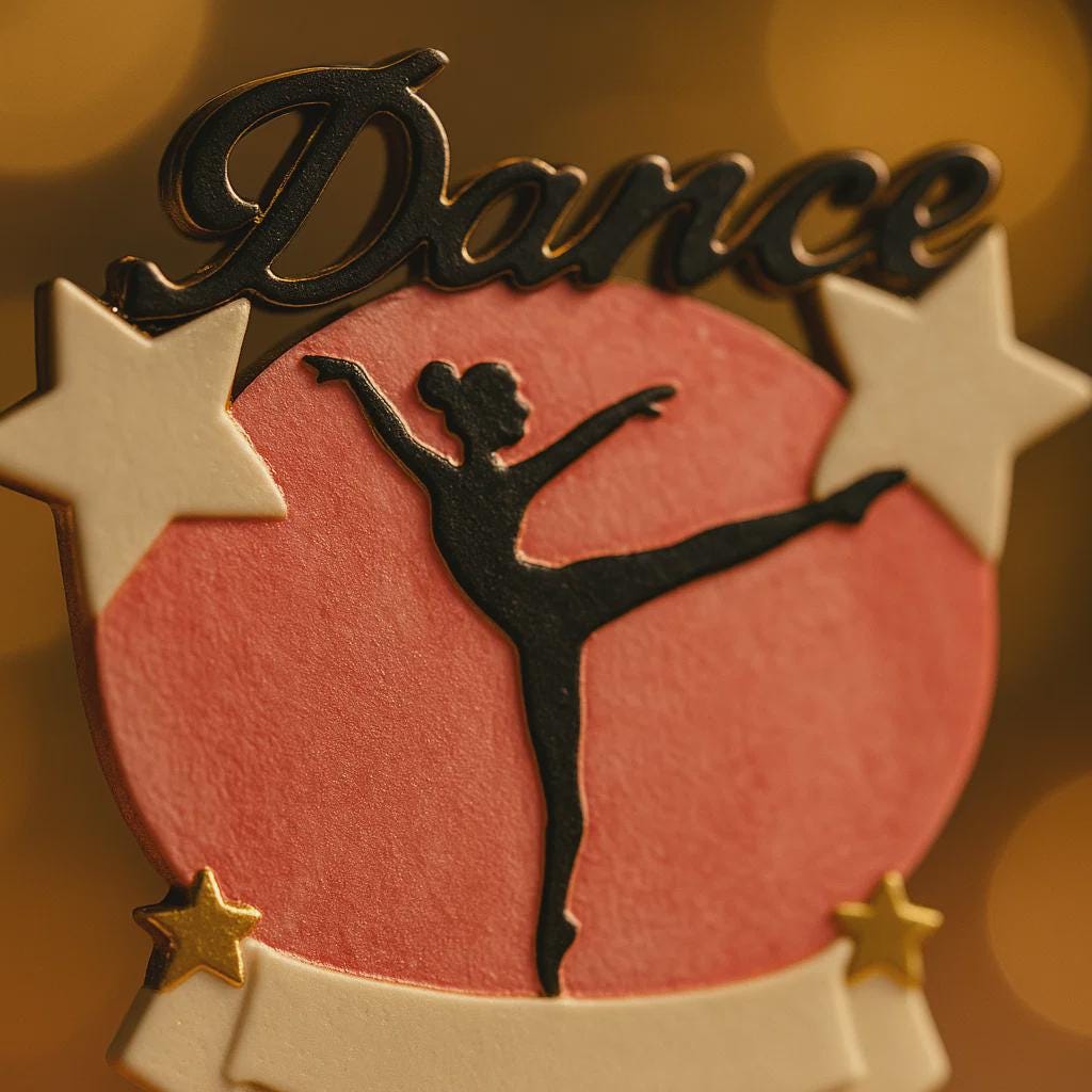 Decorative plaque with 'Dance' text, dancer silhouette, and stars on a pink background.