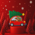 Load image into Gallery viewer, Festive dog themed Christmas ornament featuring a happy puppy riding in a red car with a Christmas tree on top. Designed with playful holiday colors and a cozy winter setting, this ornament brings a joyful pet themed touch to Christmas tree decor. Includes personalization options for name and year, making it a meaningful keepsake for dog lovers and pet families.
