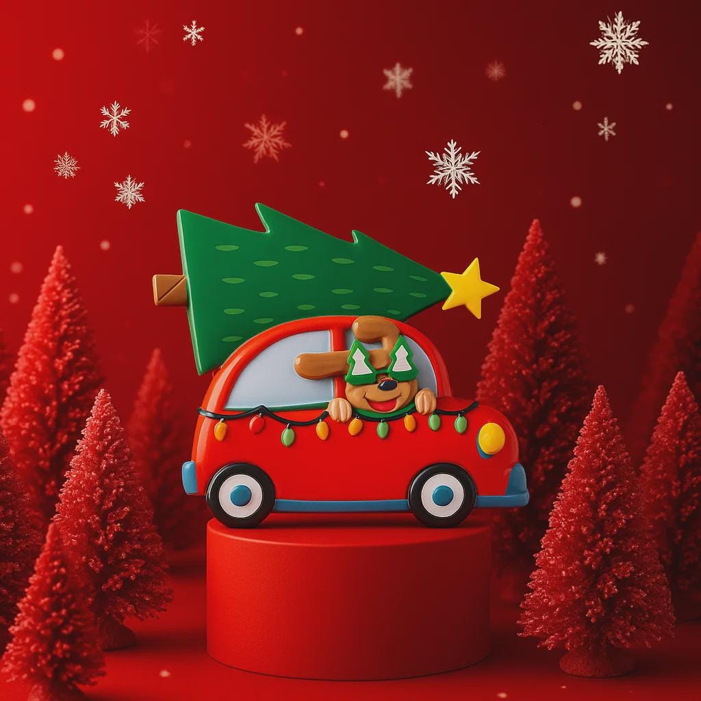 Festive dog themed Christmas ornament featuring a happy puppy riding in a red car with a Christmas tree on top. Designed with playful holiday colors and a cozy winter setting, this ornament brings a joyful pet themed touch to Christmas tree decor. Includes personalization options for name and year, making it a meaningful keepsake for dog lovers and pet families.