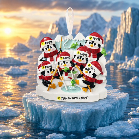 Decorative penguin family ornament on a ice floe with a sunset background