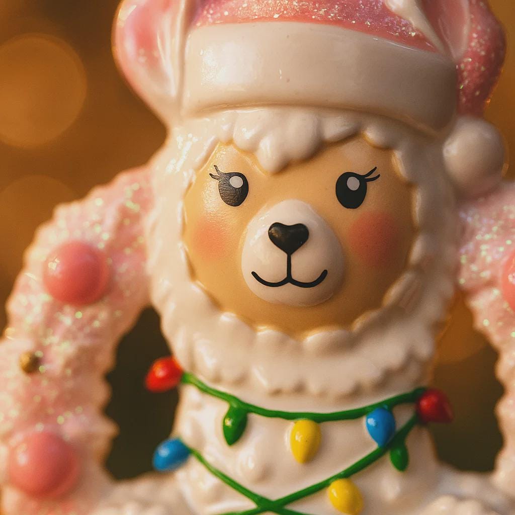 Personalized pink llama Christmas ornament featuring a cute white llama wrapped in colorful holiday lights, framed in a glittery wreath with pink accents. The top hat band can be customized with a name, while the bottom banner allows space for year or Baby’s 1st Christmas. Designed in soft pink and festive tones, this resin baby girl Christmas ornament makes a meaningful keepsake gift for celebrating a newborn’s first holiday season.
