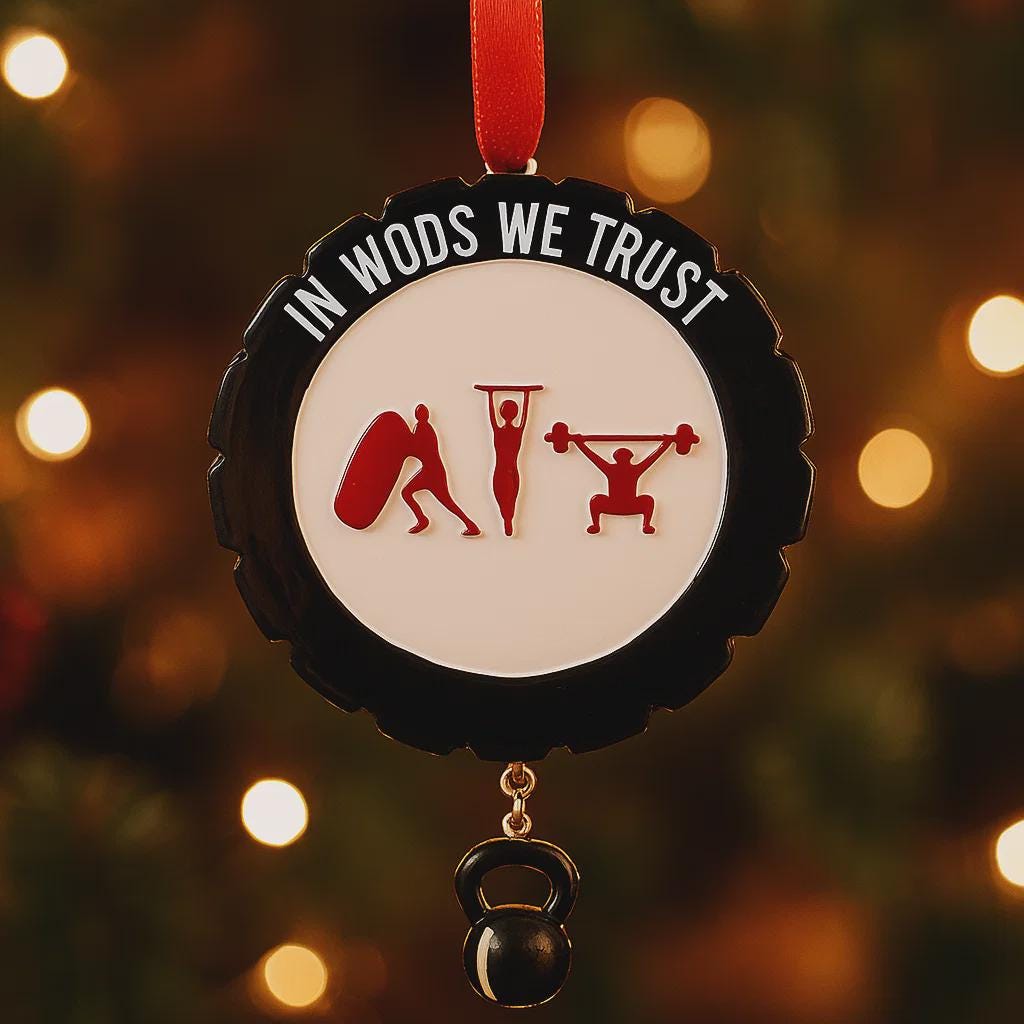 Personalized weightlifting and fitness Christmas ornament featuring a raised 3D front with bold circular design and red strength icons including boxing, gymnastics rings, and weightlifting. The ornament has a textured black outer rim and a flat 2D back for easy hanging. Includes a hanging kettlebell charm for added depth and movement. Hand-added personalization allows a name and year or family name. Photographed on a festive Christmas tree background with warm holiday lights.
