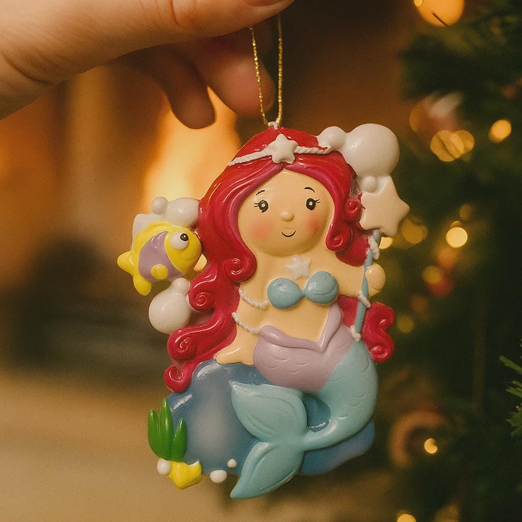 Personalized mermaid Christmas ornament with red curly hair, teal seashell top and purple tail, custom name and year holiday keepsake