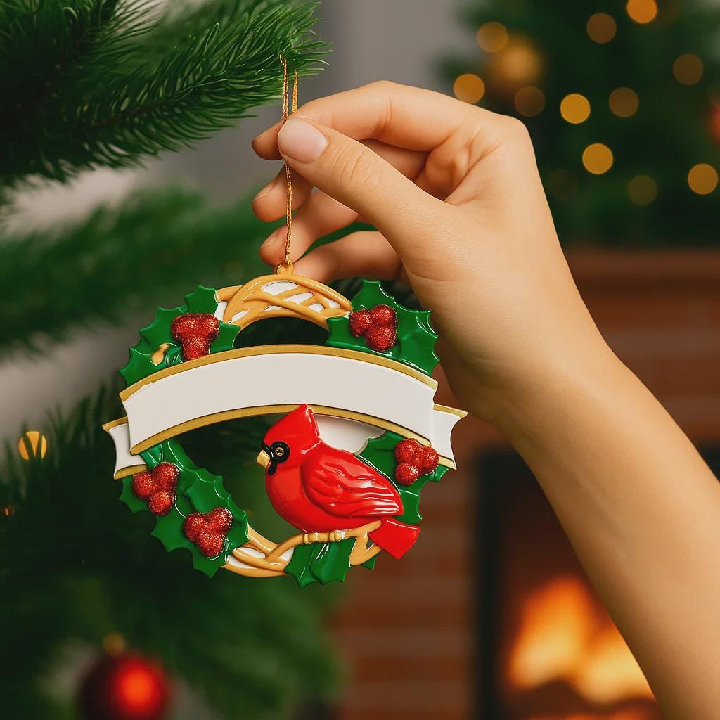 Personalized cardinal wreath ornament featuring a vibrant red cardinal bird surrounded by green holly leaves and red berries. Designed with a smooth glossy finish and a raised 3D front with a flat back for easy hanging. Includes free handwritten personalization with one name and year displayed on the banner at the top. Styled in a warm festive holiday setting with soft Christmas lights candy details and seasonal decor. A meaningful Christmas tree ornament symbolizing remembrance love and connection perfect 