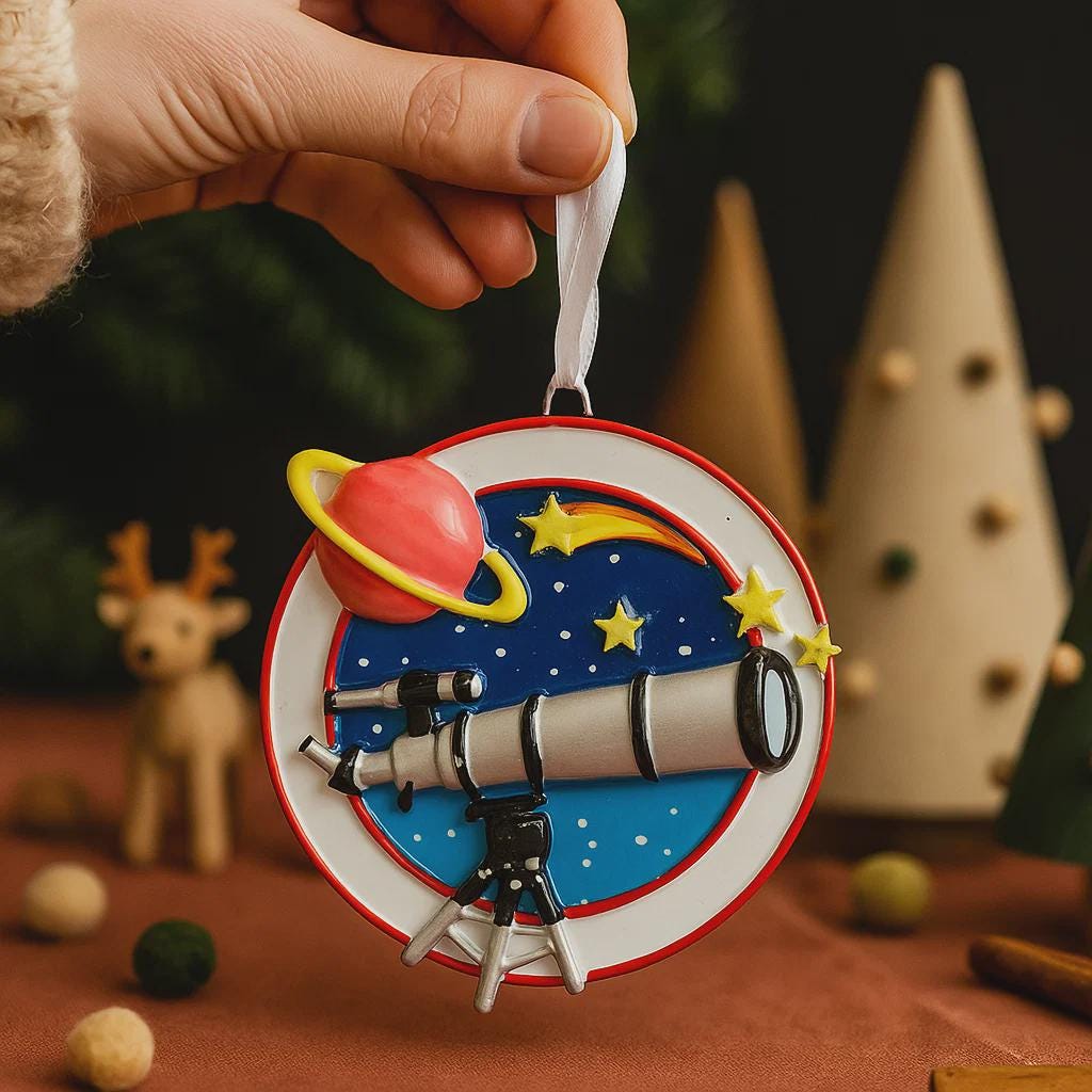 Decorative ornament with space theme featuring a telescope, planets, and stars, held by a hand against a festive background.