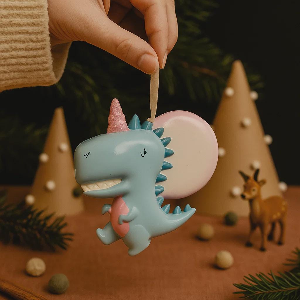 Decorative dinosaur ornament with a pink heart, held by a hand against a festive background.
