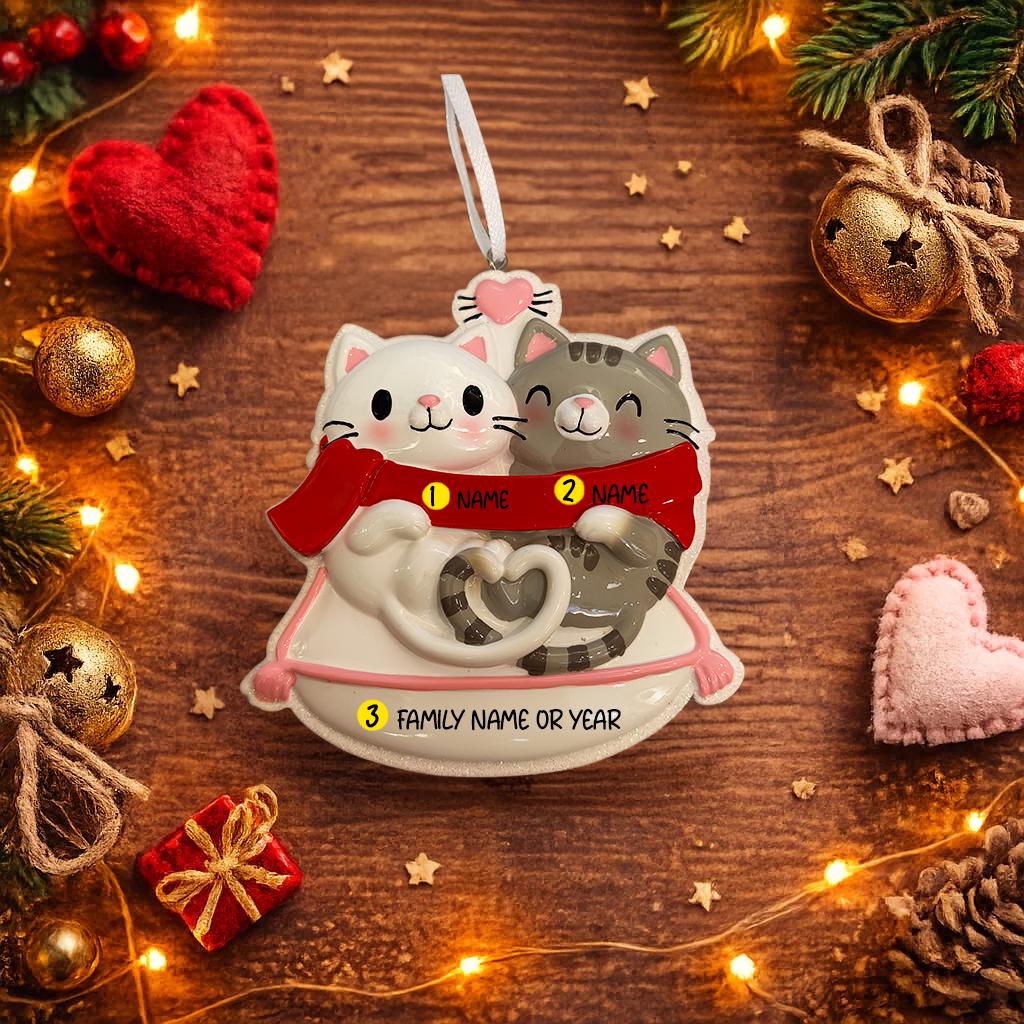 Personalized Cat Couple Ornament | Valentine Couple Gift for Kitty Lovers | 3D Front