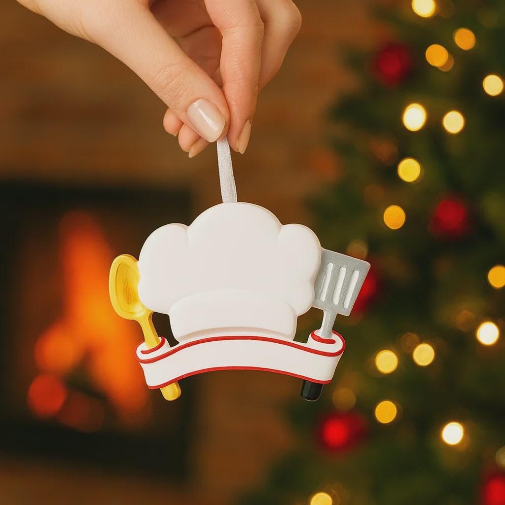 Personalized chef Christmas ornament featuring a white chef hat design with a wooden spoon and metal spatula details. Customized with a name and year on the front banner. Glossy resin finish with clean white and red accents creates a fun and professional cooking themed holiday look. Mostly 2D ornament with raised 3D details on the front only, lightweight and perfect for Christmas tree decor or kitchen themed gifts.
