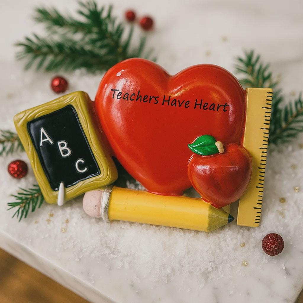 Decorative ornament shaped like a heart with educational elements on a green background with snowflakes and teacher Christmas ornament